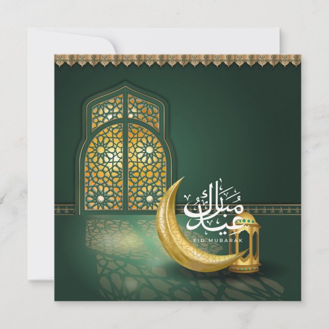 Eid Mubarak Arabiska Calligraphy Crescent Grönt Gu Julkort (Framsida)