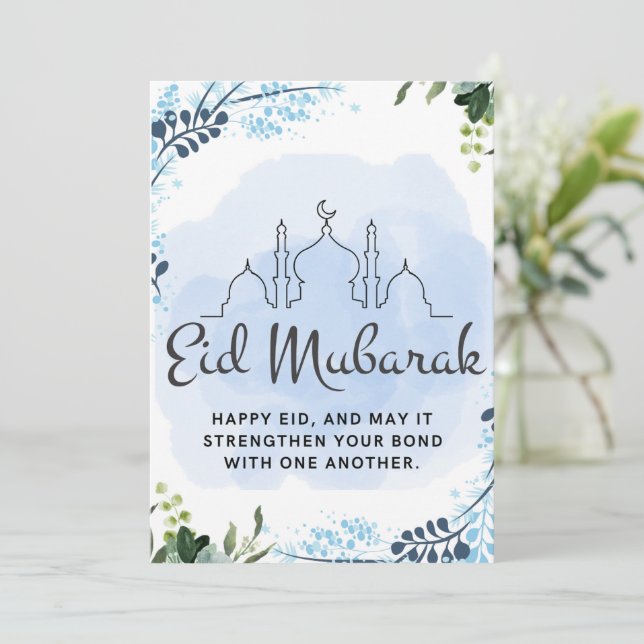 Eid Mubarak Blå Blommiga Moskén Julkort (Stående Fram)