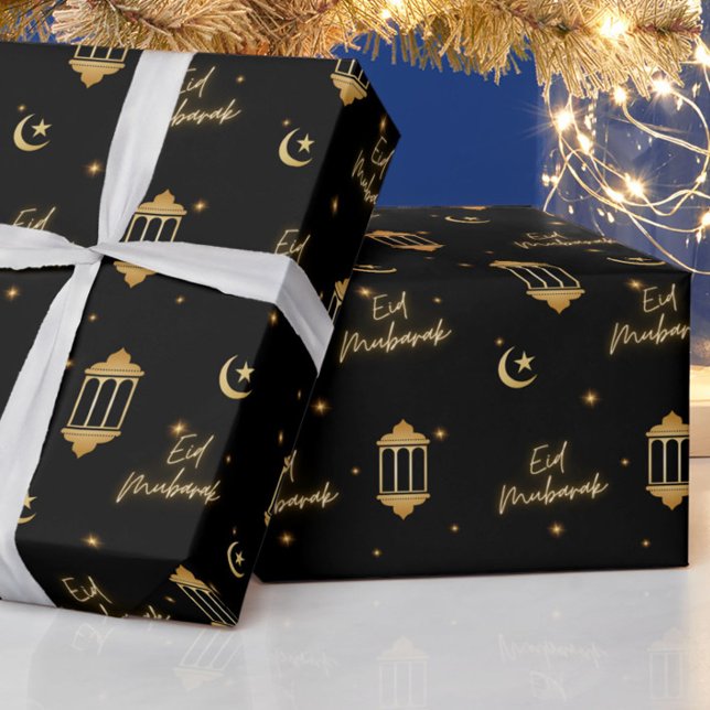 Eid Mubarak Black + Guld Elegant Lanternor + Måne Presentpapper (Elegant, modern "Eid Mubarak" black + gold wrapping paper, for your Eid gifting!)