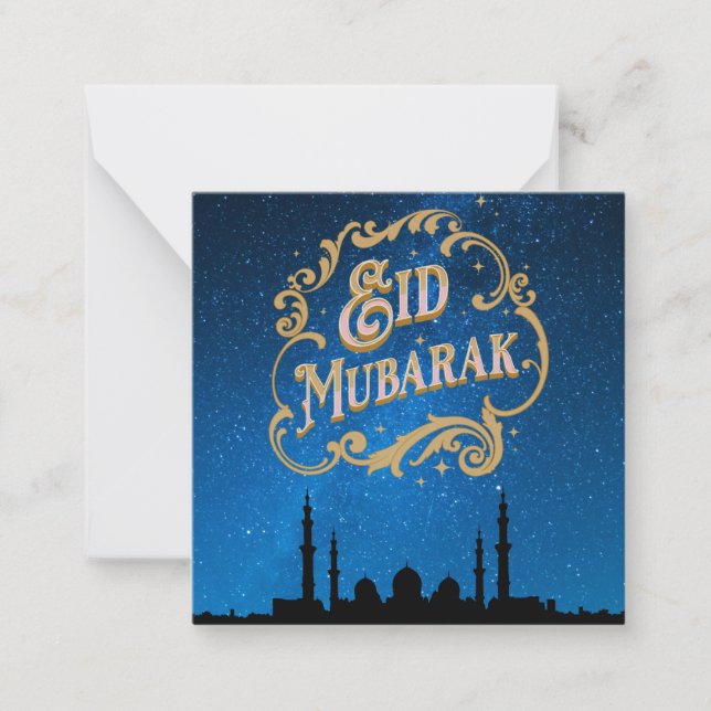 Eid Mubarak Blue Milky way in Guld Text Anteckningskort (Framsida)