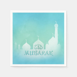 Eid Mubarak Blue Watercolor Mosque - Pappersservet Pappersservett