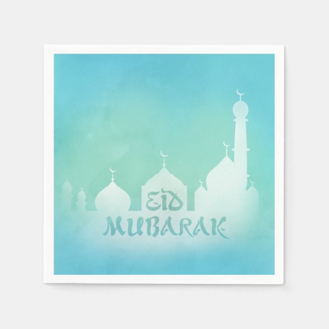 Eid Mubarak Blue Watercolor Mosque - Pappersservet Pappersservett (Framsidan)