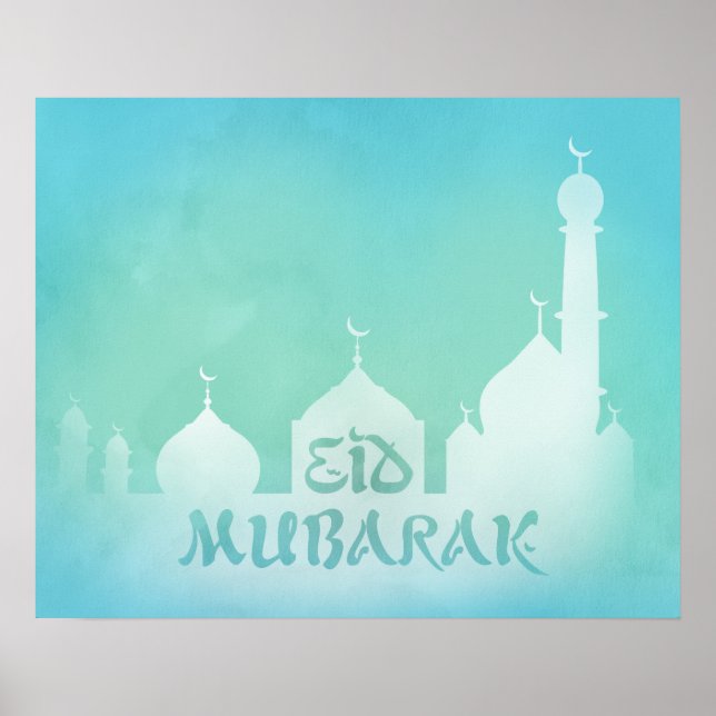 Eid Mubarak Blue Watercolor Mosque - Poster Skriv  (Framsidan)