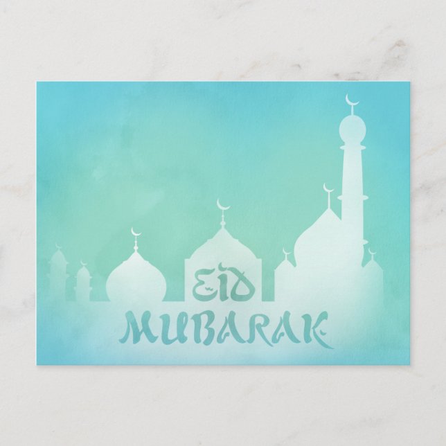 Eid Mubarak Blue Watercolor Mosque - vykort (Framsida)
