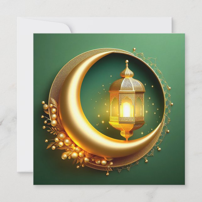 Eid Mubarak Crescent Guld Pearl Grönt Julkort (Framsida)