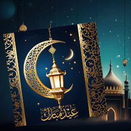 Eid Mubarak Crescent Islamic Lantern Guld Blue Julkort