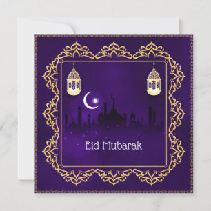 Eid Mubarak Crescent Islamic Lantern Lila Guld  Julkort