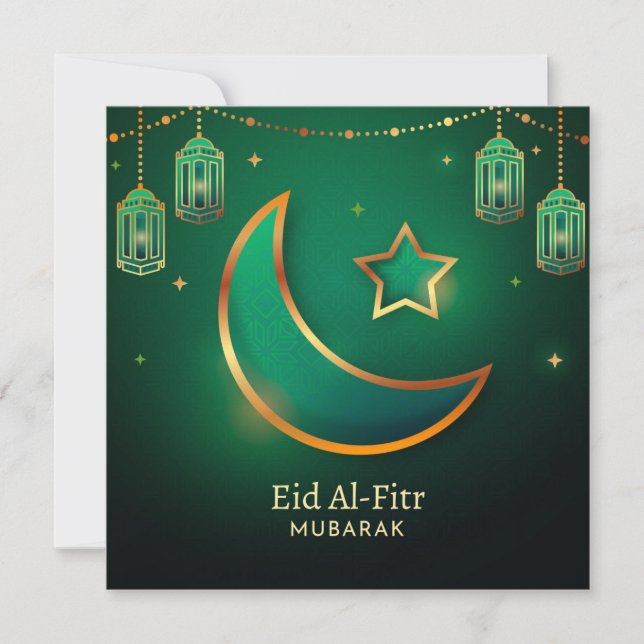 Eid Mubarak Crescent Star Islamic Lantern Grönt Julkort (Framsida)