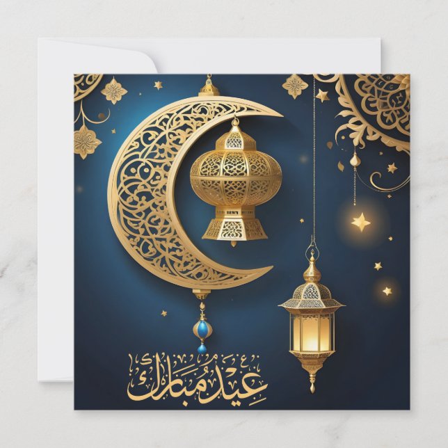 Eid Mubarak Crescent Stars Islamic Lantern Blue Julkort (Framsida)