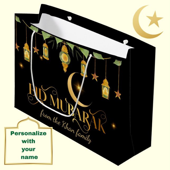 Eid Mubarak Custom Name Elegant Måne Black Guld (Personalize this modern, elegant black + gold "Eid Mubarak" gift bag for a special touch.)