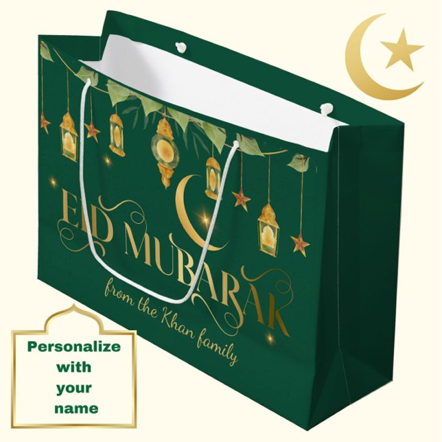 Eid Mubarak Custom Name Elegant Måne Grönt Guld (Personalize this modern, elegant emerald green + gold "Eid Mubarak" gift bag for a special touch.)