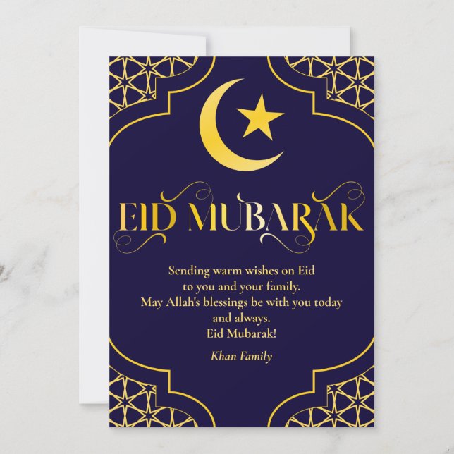Eid Mubarak Custom Name Elegant Modern Blue Guld Julkort (Framsida)