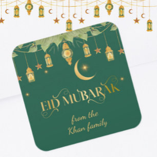 Eid Mubarak Custom Name Elegant Modern Grönt Guld Fyrkantigt Klistermärke