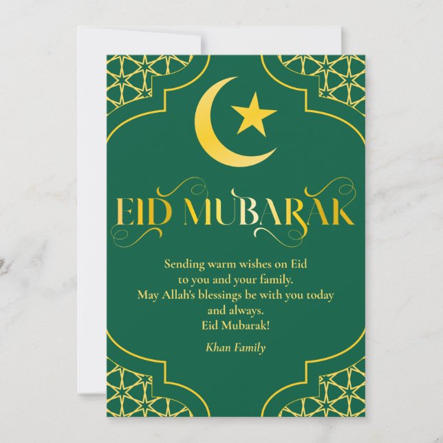 Eid Mubarak Custom Name Elegant Modern Grönt Guld Julkort (Framsida)