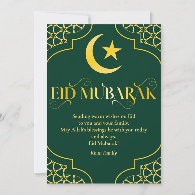 Eid Mubarak Custom Name Elegant Modern Grönt Guld Julkort (Framsida)