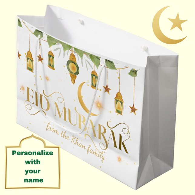 Eid Mubarak Custom Name Elegant White Guld Lantern (Personalize this modern, elegant white + gold "Eid Mubarak" gift bag for a special touch.)
