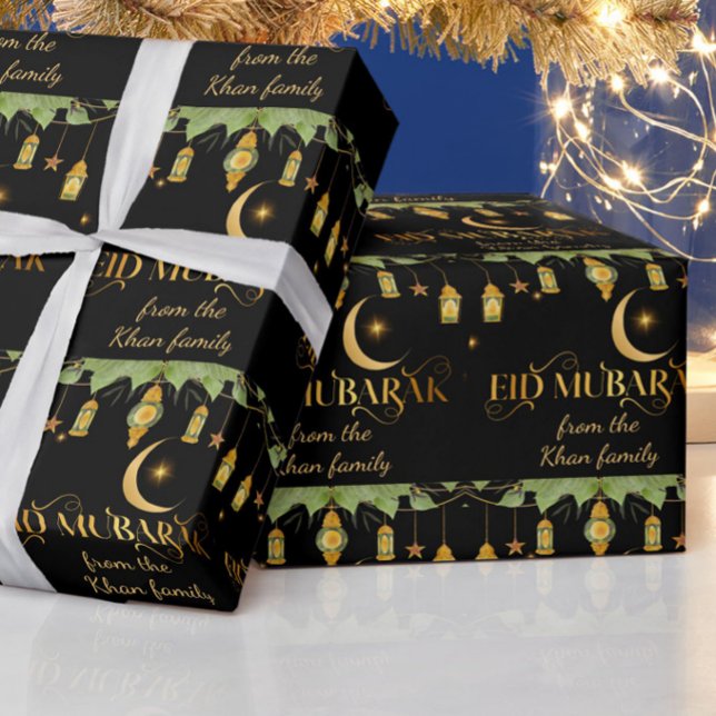Eid Mubarak Custom Name Guld Black Lanterns + Måne Presentpapper (Elegant, modern "Eid Mubarak" black + gold wrapping paper. Customize with your family name!)