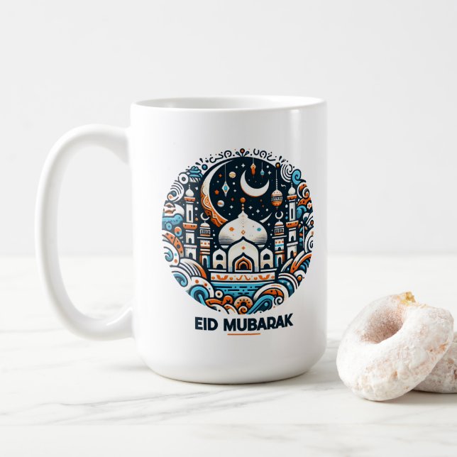 Eid Mubarak Dekorerad Halvmåne Färgrik Moské Art Kaffemugg (Med munk)