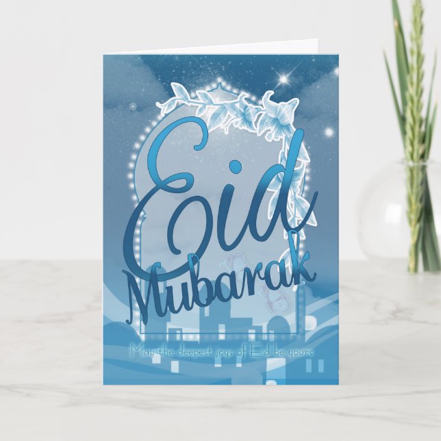 Eid mubarak, Eid Greeting Card, Eid Blue Card Helgkort (Framsida)
