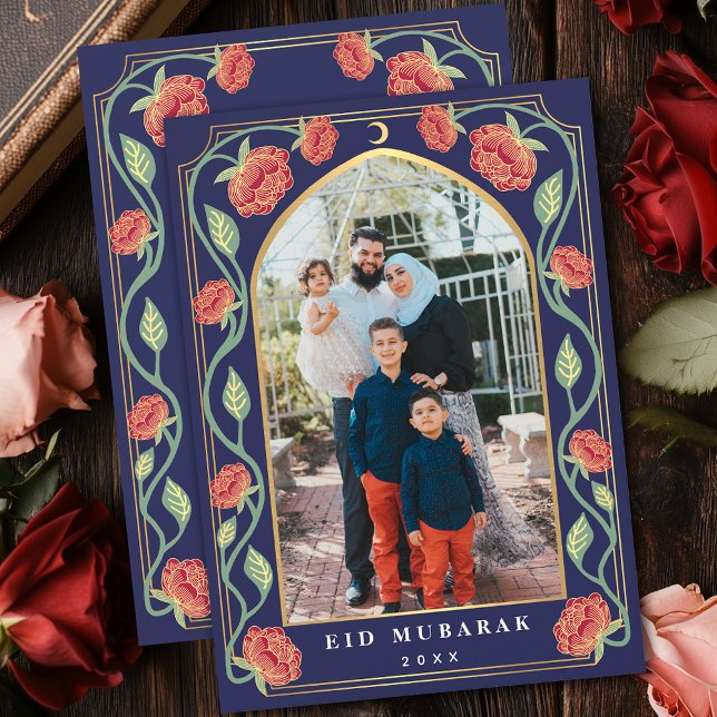 Eid Mubarak Elegant Blue Floral Photo Julkort (Skapare uppladdad)