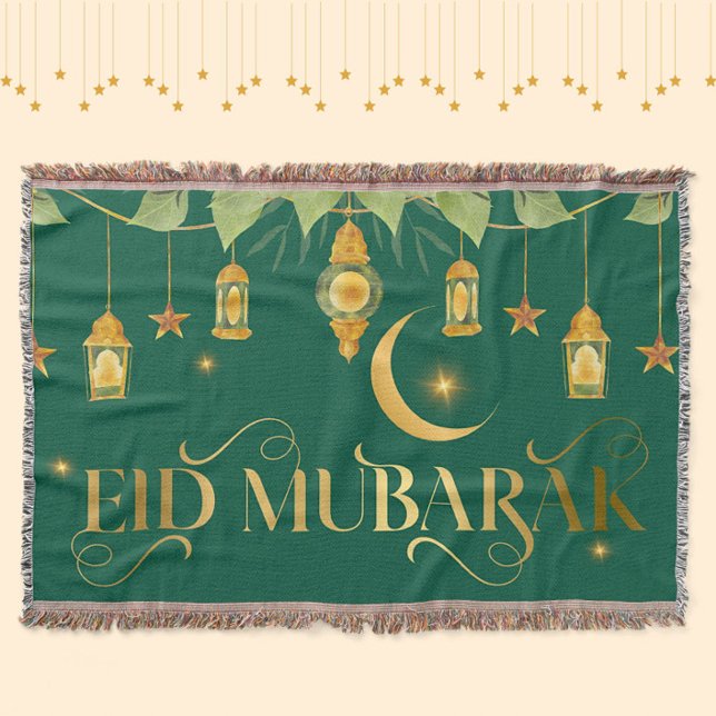 Eid Mubarak Elegant Grönt Guld Lantern Måne Stars Filt (An elegant, modern "Eid Mubarak throw blanket in green + gold.)