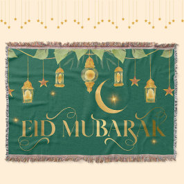 Eid Mubarak Elegant Grönt Guld Lantern Måne Stars Filt