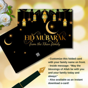 Eid Mubarak Elegant Guld Black Lanterns + Måne Kort