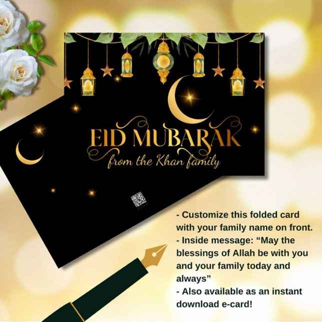 Eid Mubarak Elegant Guld Black Lanterns + Måne Kort (An elegant "Eid Mubarak" black + gold card, featuring lanterns, stars and a crescent moon.)