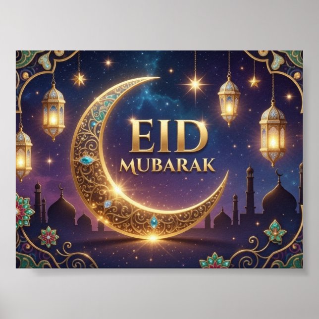 Eid Mubarak elegant Guld Och marinblå  Poster (Framsidan)