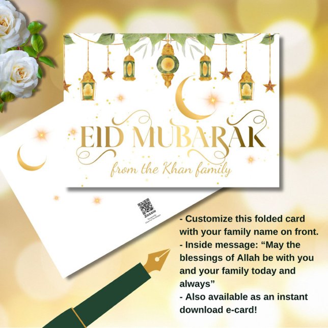 Eid Mubarak Elegant Guld White Lanterns + Måne Kort (Celebrate Eid with this elegant white and gold color "Eid Mubarak" greeting card!)