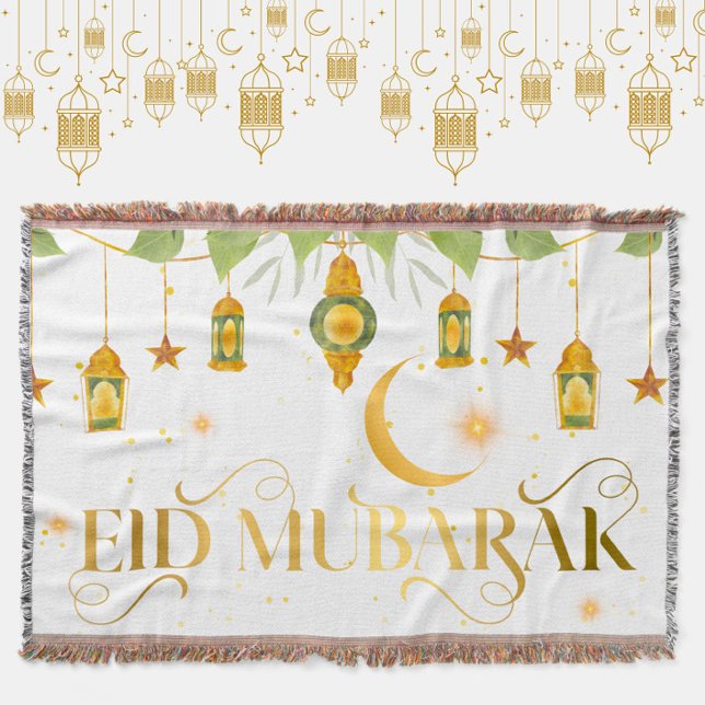 Eid Mubarak Elegant White Guld Lantern Måne Stars Filt (This cozy white + gold "Eid Mubarak" throw blanket makes a great addition to your festive Eid décor!)