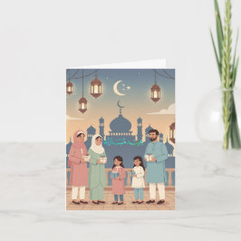 Eid Mubarak Familje firande Pastell Färg Moske Kor Helgkort