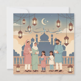Eid Mubarak Familje Firande Pastell Färg Moske Kor Julkort
