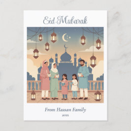 Eid Mubarak Familje Firande Pastell Färg Moske Kor Vykort