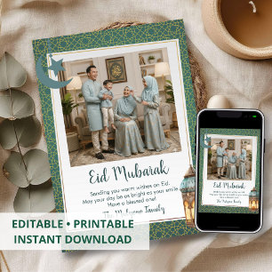 Eid Mubarak Familjefotokort Grönt Teal Mönster Julkort
