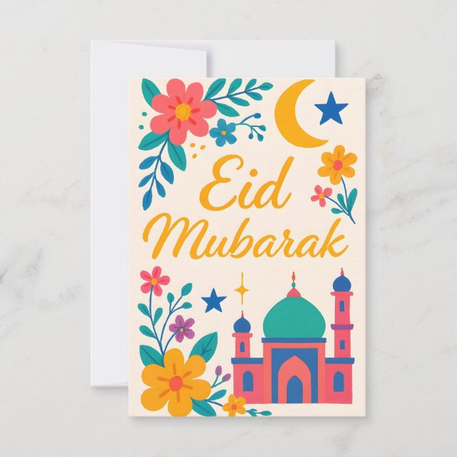 Eid Mubarak - Färgglatt för barn Moske Blommor Inbjudningar (Framsida)