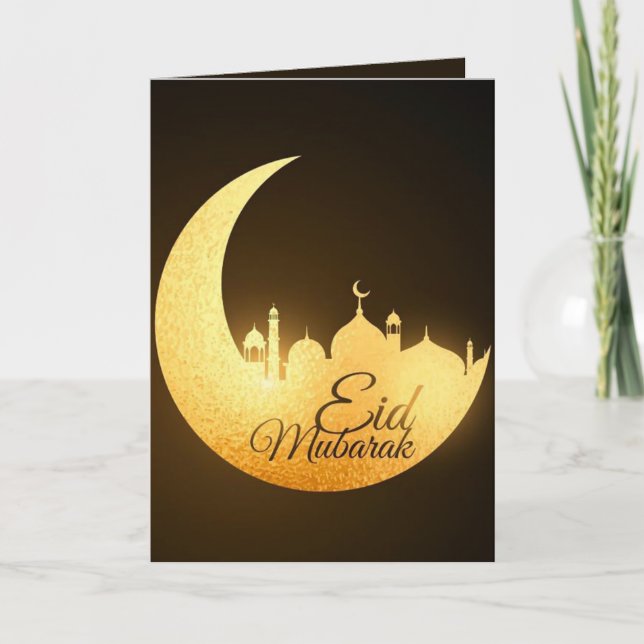 Eid Mubarak Glowing Cresent Mosque Brown Guld Helgkort (Framsida)
