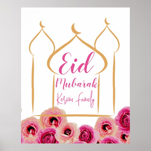 Eid Mubarak Golden Mosque Ro Blommar Lila Poster (Framsidan)