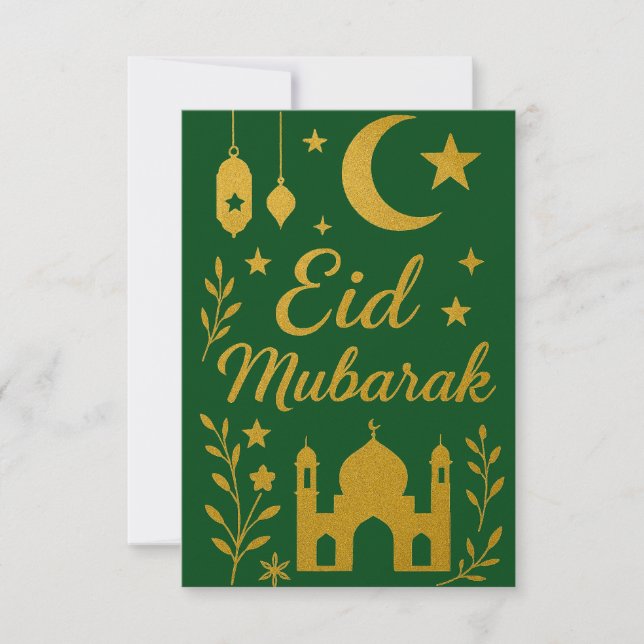 Eid Mubarak - Gröna och gyllene moskéblommor Inbjudningar (Framsida)
