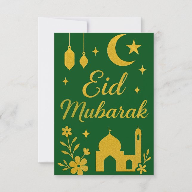 Eid Mubarak - Gröna och gyllene moskéblommor Inbjudningar (Framsida)