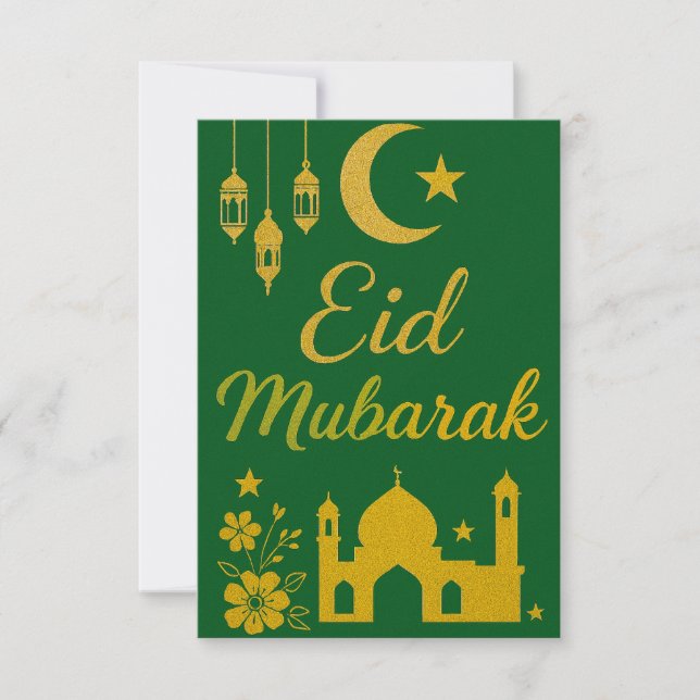 Eid Mubarak - Gröna och gyllene moskéblommor Inbjudningar (Framsida)