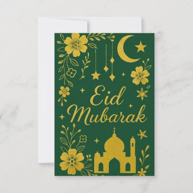 Eid Mubarak - Gröna och gyllene moskéblommor Inbjudningar (Framsida)