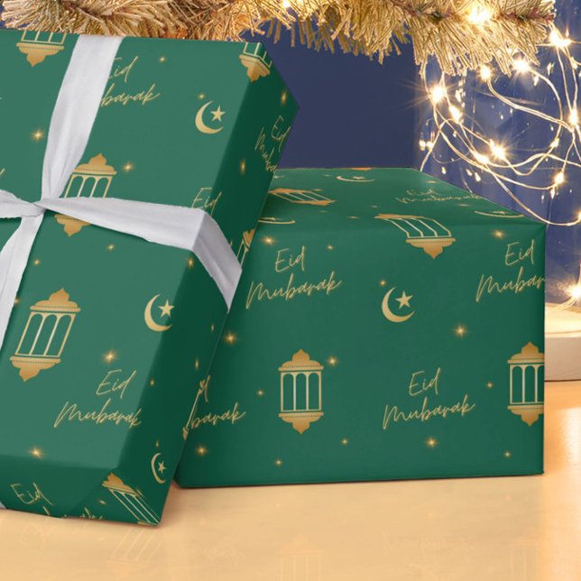 Eid Mubarak Grönt + Guld Elegant Lanternor + Måne Presentpapper (Modern, elegant "Eid Mubarak" wrapping paper in emerald green + gold, with lanterns, moon + stars.)