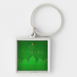 Eid Mubarak Grönt Guld Mosque Fyrkantig Silverfärgad Nyckelring