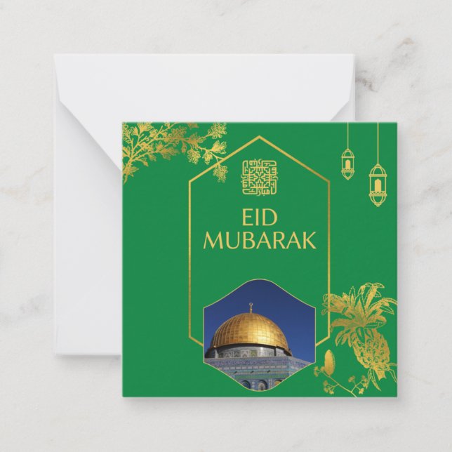 Eid Mubarak Grönt och Guld med Golden Text Anteckningskort (Framsida)