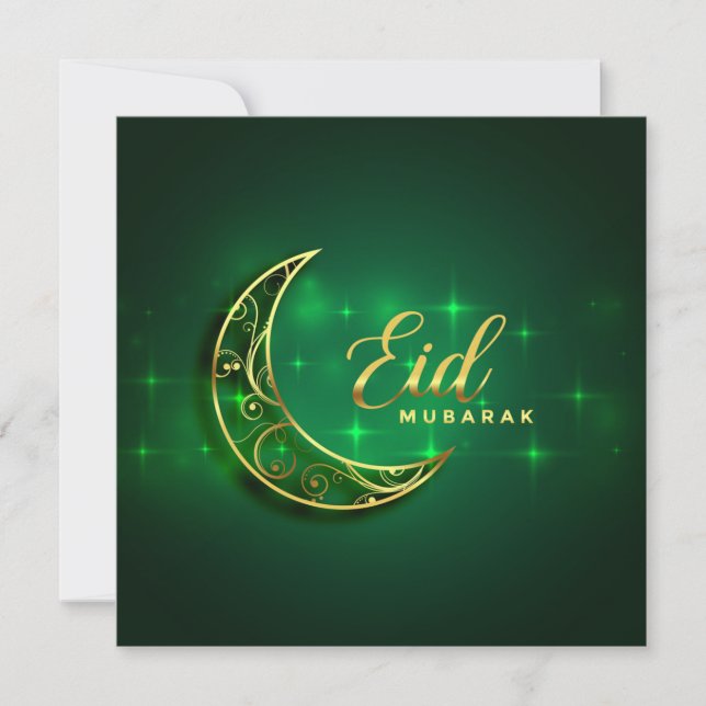 Eid Mubarak Guld Crescent Gnistra Grönt Julkort (Framsida)