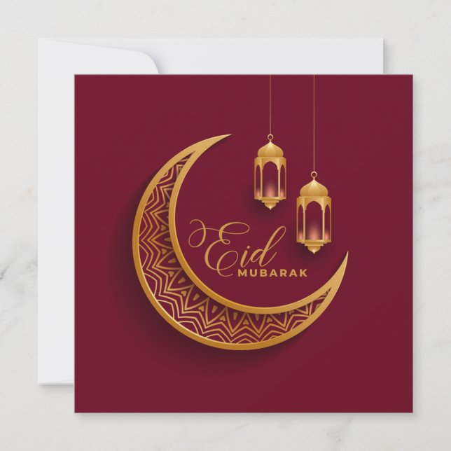 Eid Mubarak Guld Crescent Islamic Lantern Red Julkort (Framsida)