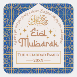 Eid Mubarak Islamic Helgdag Elegant Blue och Guld Fyrkantigt Klistermärke