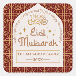 Eid Mubarak Islamic Helgdag Elegant Red och Guld Fyrkantigt Klistermärke