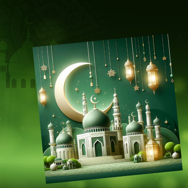 Eid Mubarak Islamic Lantern Crescent Star Grönt Julkort (Skapare uppladdad)
